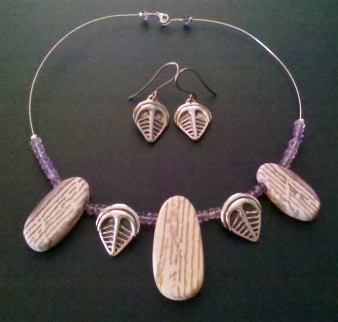 Parvancorina Necklet Sterling Silver, Coober Pedy Zebra Stone, Amethyst Beads