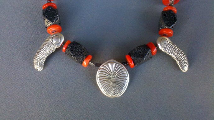 Necklet featuring Sterling Silver Dickinsonia and Spriggina with Red Coral, Lava and Haematite