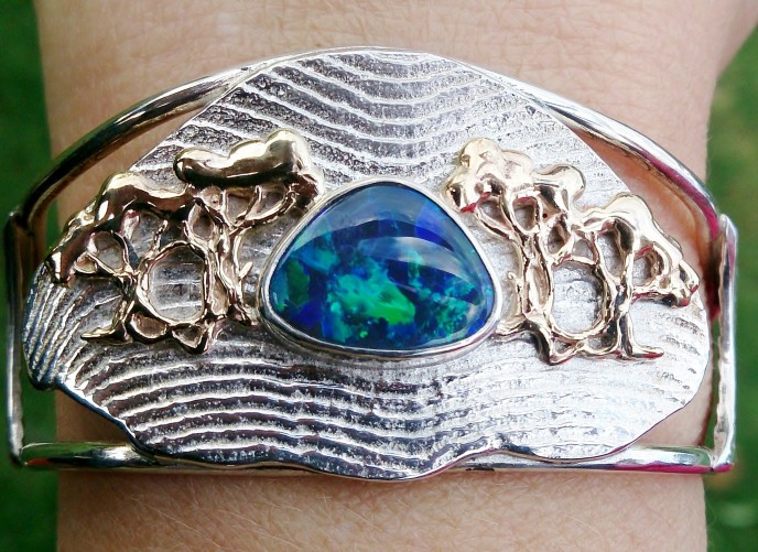 Bespoke Sterling Silver, 9 Carat Gold and Solid Opal Cuff Bracelet